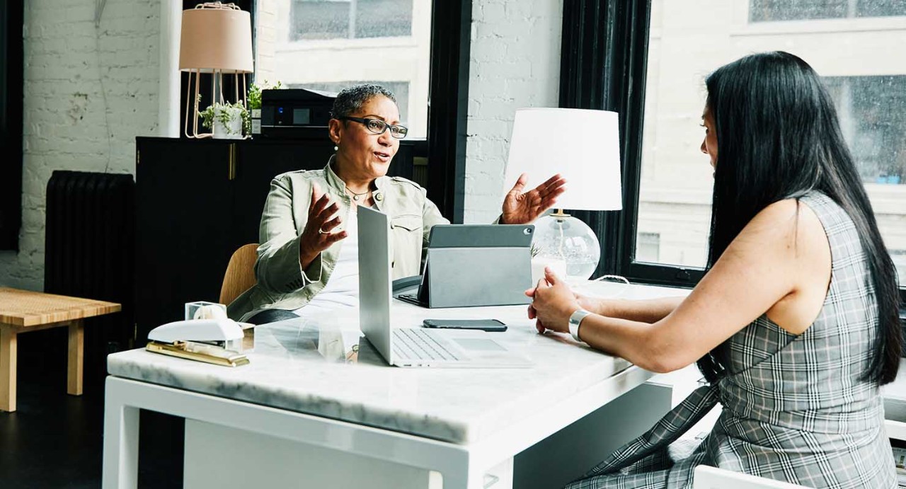 Female financial advisor in discussion with mature female business owner at desk in offic